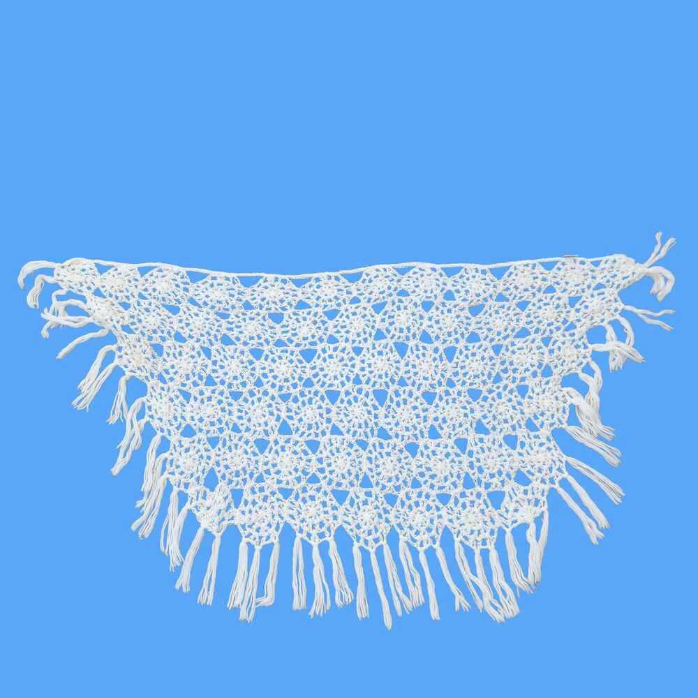 Vtg Hand Crocheted Shawl Wrap Boho Fringe Triangle Ivory Festival Hippie